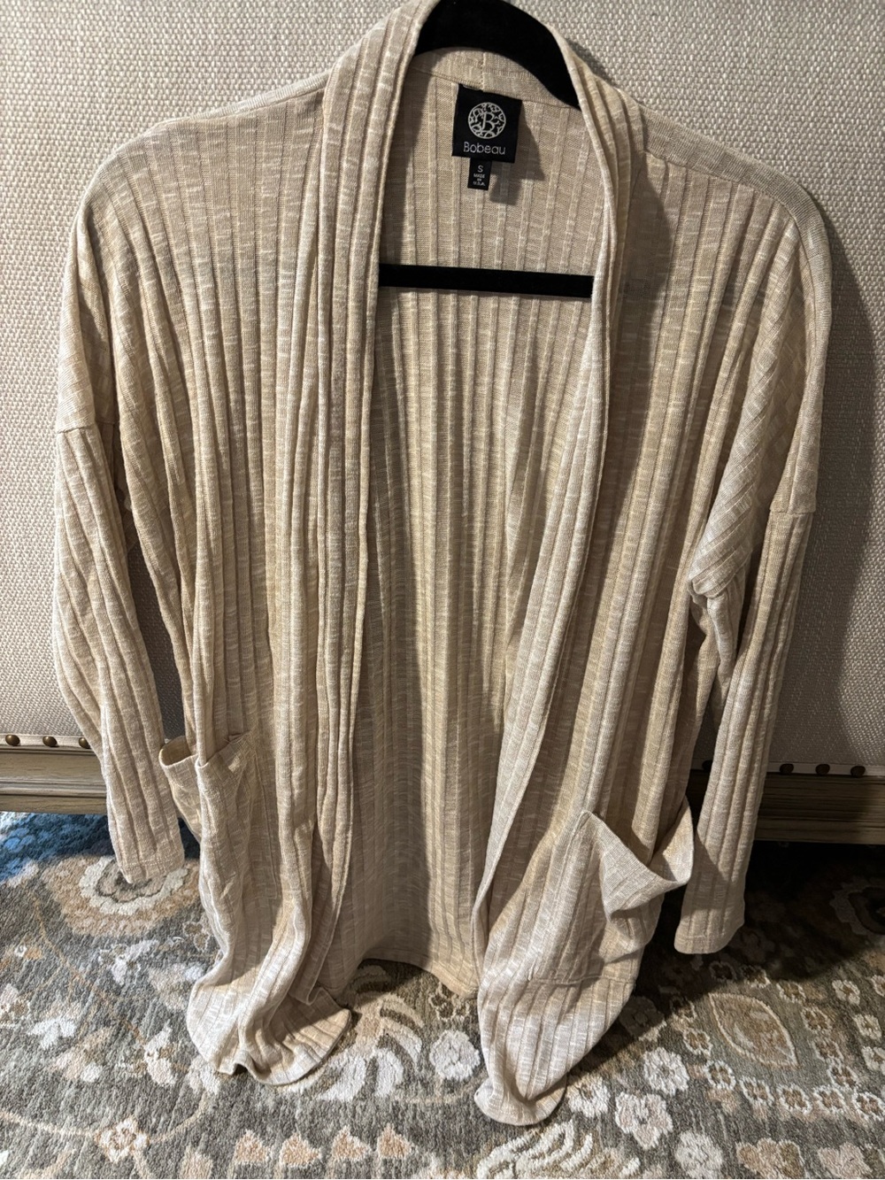 Bobeau Ribbed Open Cardigan - Beige